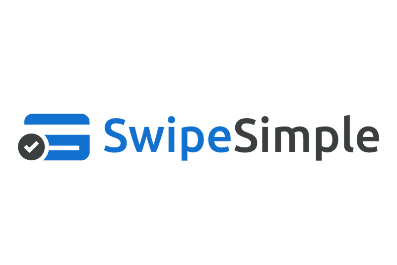 The logo for swipe simple is blue and white with a check mark.