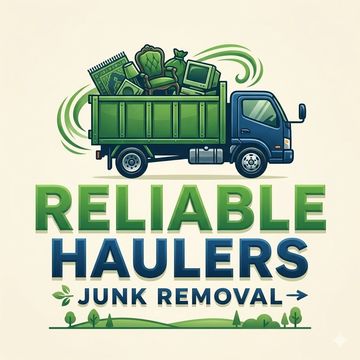 A green dump truck filled with junk, under the text "RELIABLE HAULERS JUNK REMOVAL" with a green landscape at the base.