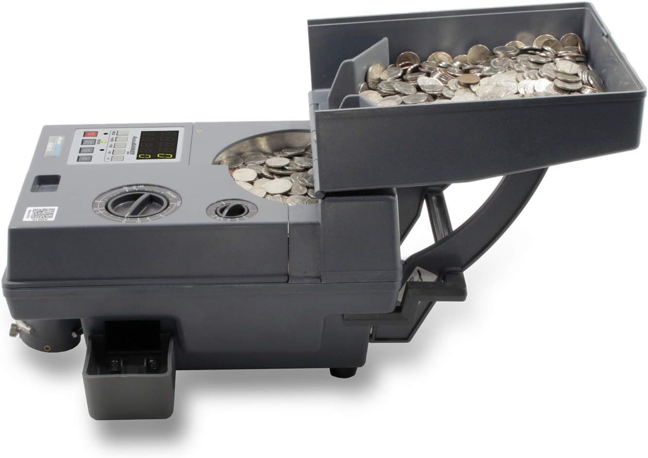 Máquina contadora de monedas con una bandeja de monedas que se introduce en su interior.