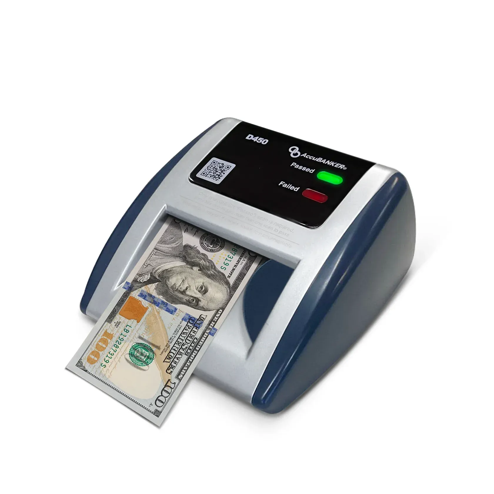 Una máquina contadora de divisas con un billete de 100 dólares en circulación; las luces verde y roja están encendidas.