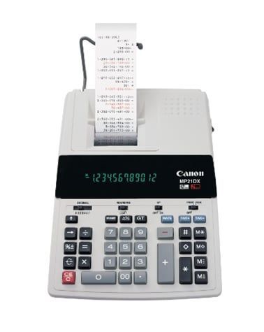 Calculadora de impresión Canon con visualización de números y recibo.