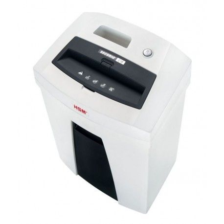 Destructora de papel de oficina blanca con ranura para papel negro y panel de control.