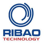 Logotipo de RIBAO TECHNOLOGY. Espiral azul dentro de un círculo azul. Texto: RIBAO, TECNOLOGÍA (rojo).