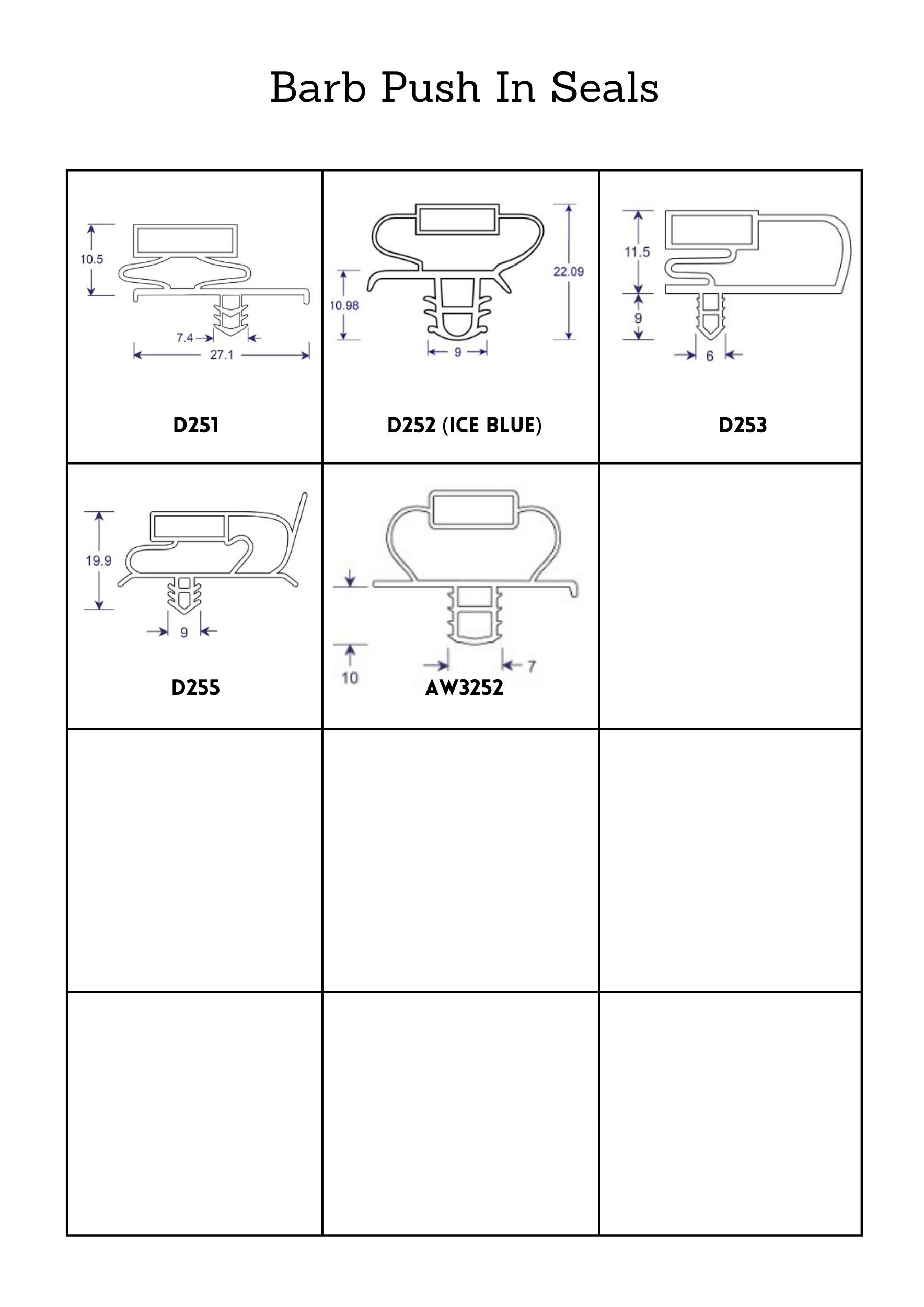 Profile Sheet with Diagrams and Item Codes for Barb Push In Seals, Pg 1