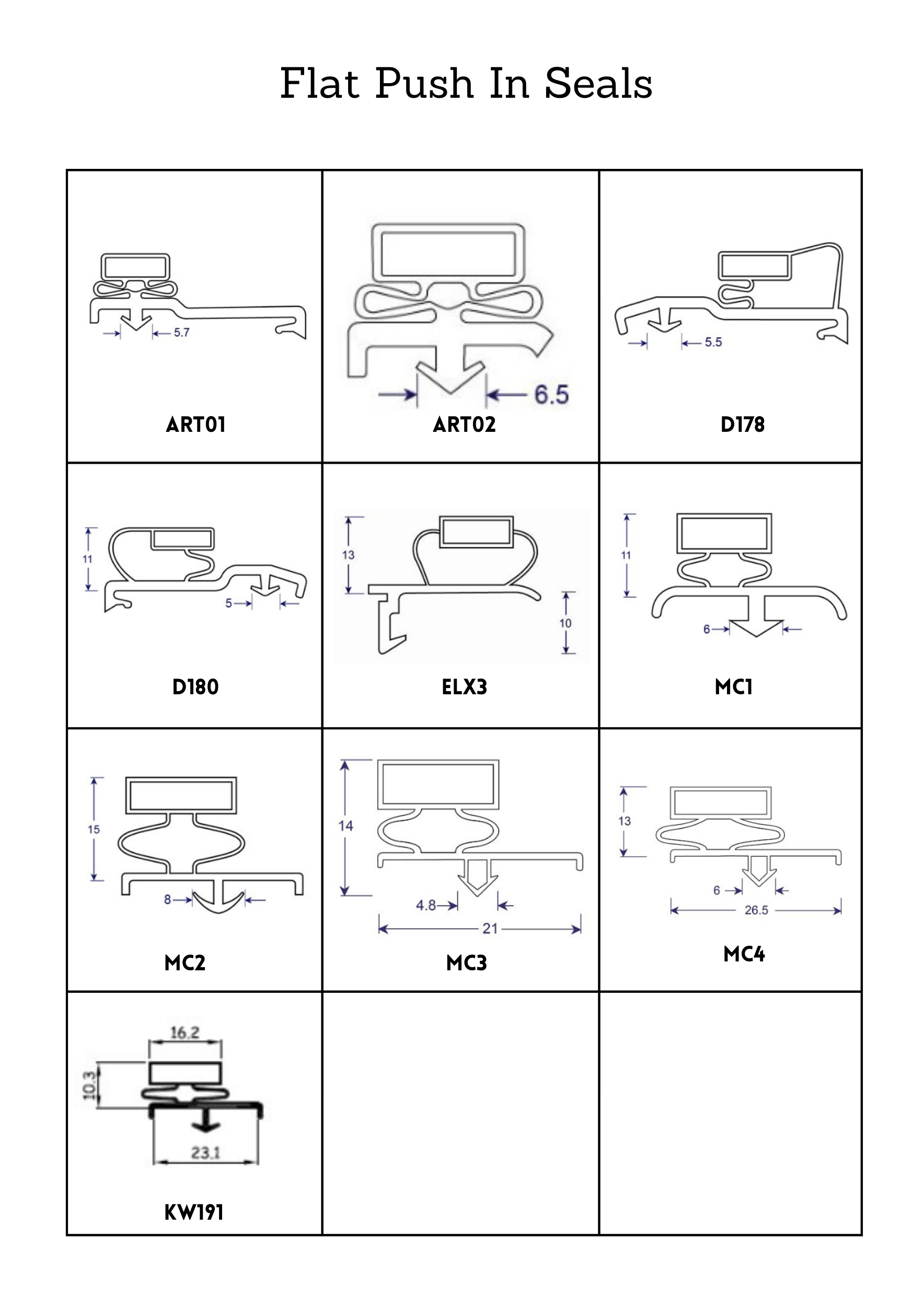 Profile Sheet with Diagrams and Item Codes for Flat Push In Seals, Pg 1