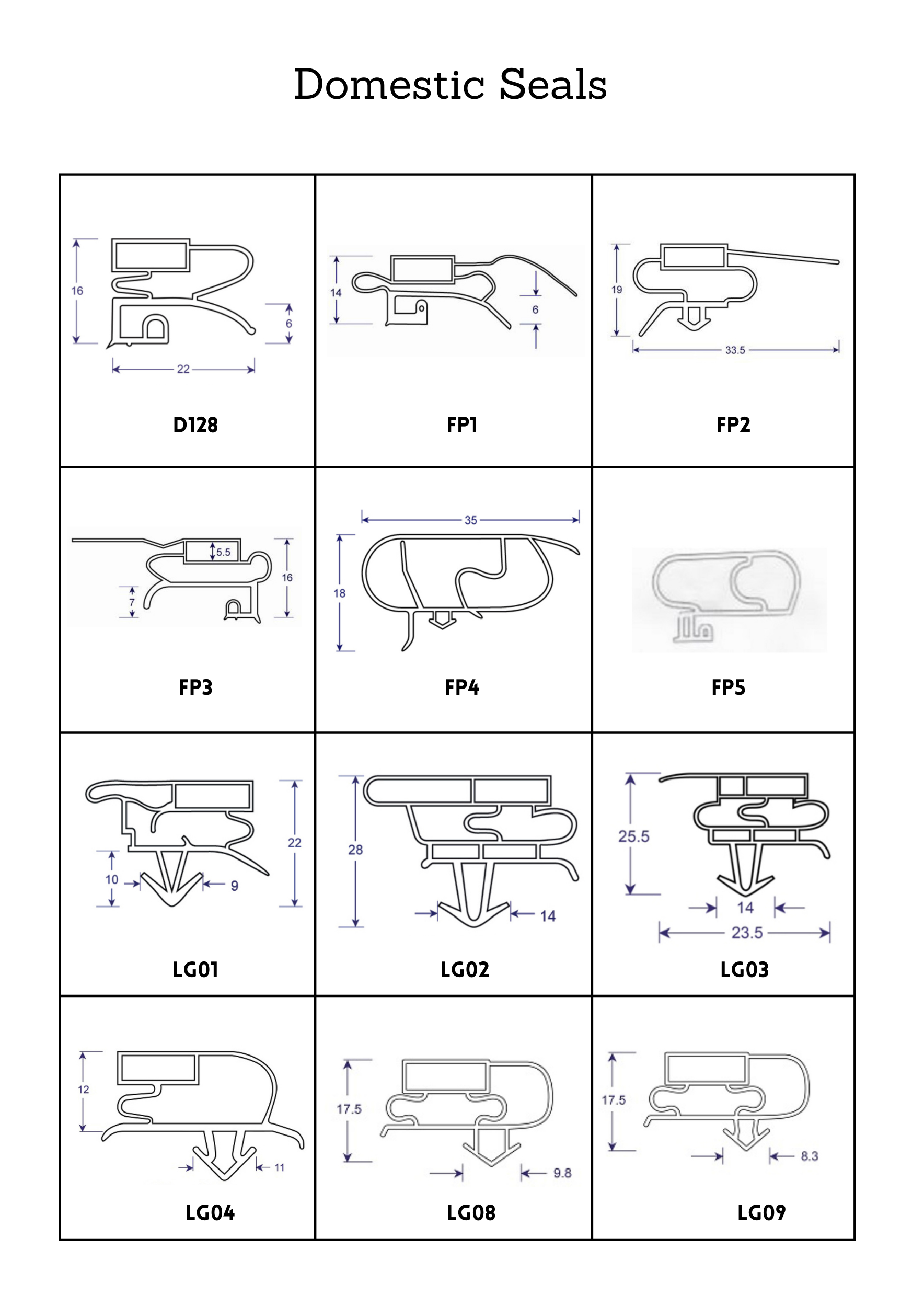 Profile Sheet with Diagrams and Item Codes for Domestic Seals, Pg 1