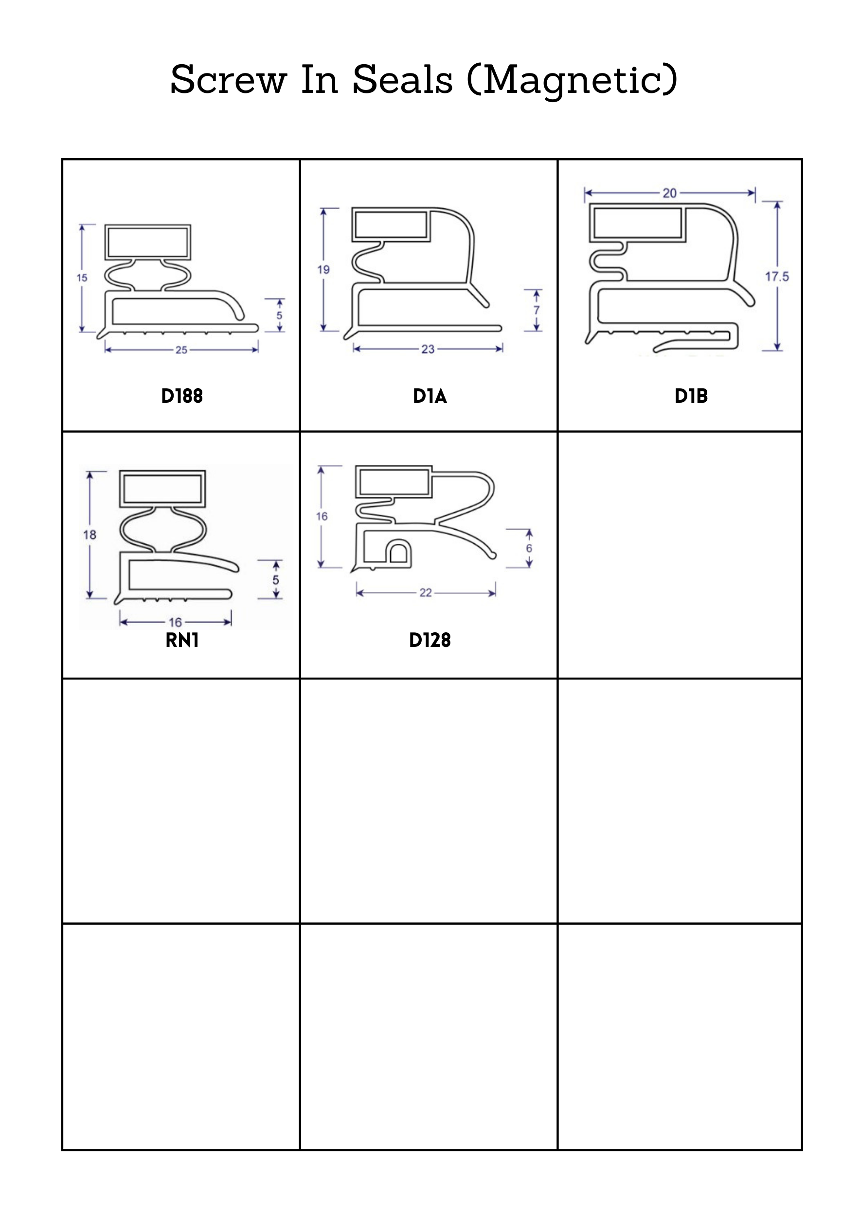 Profile Sheet with Diagrams and Item Codes for Magnetic Screw In Seals, Pg 1