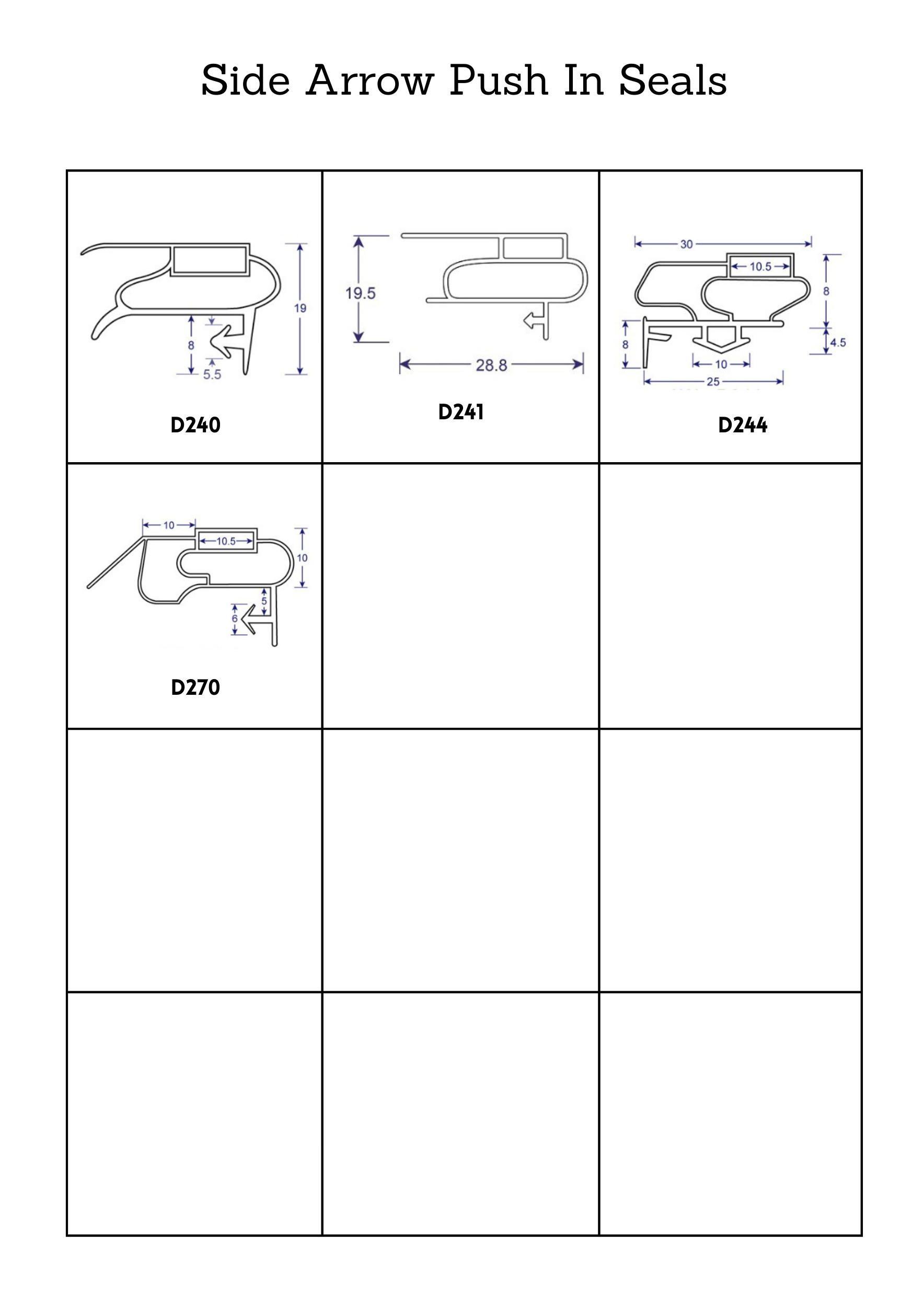 Profile Sheet with Diagrams and Item Codes for Side Arrow Push In Seals, Pg 1