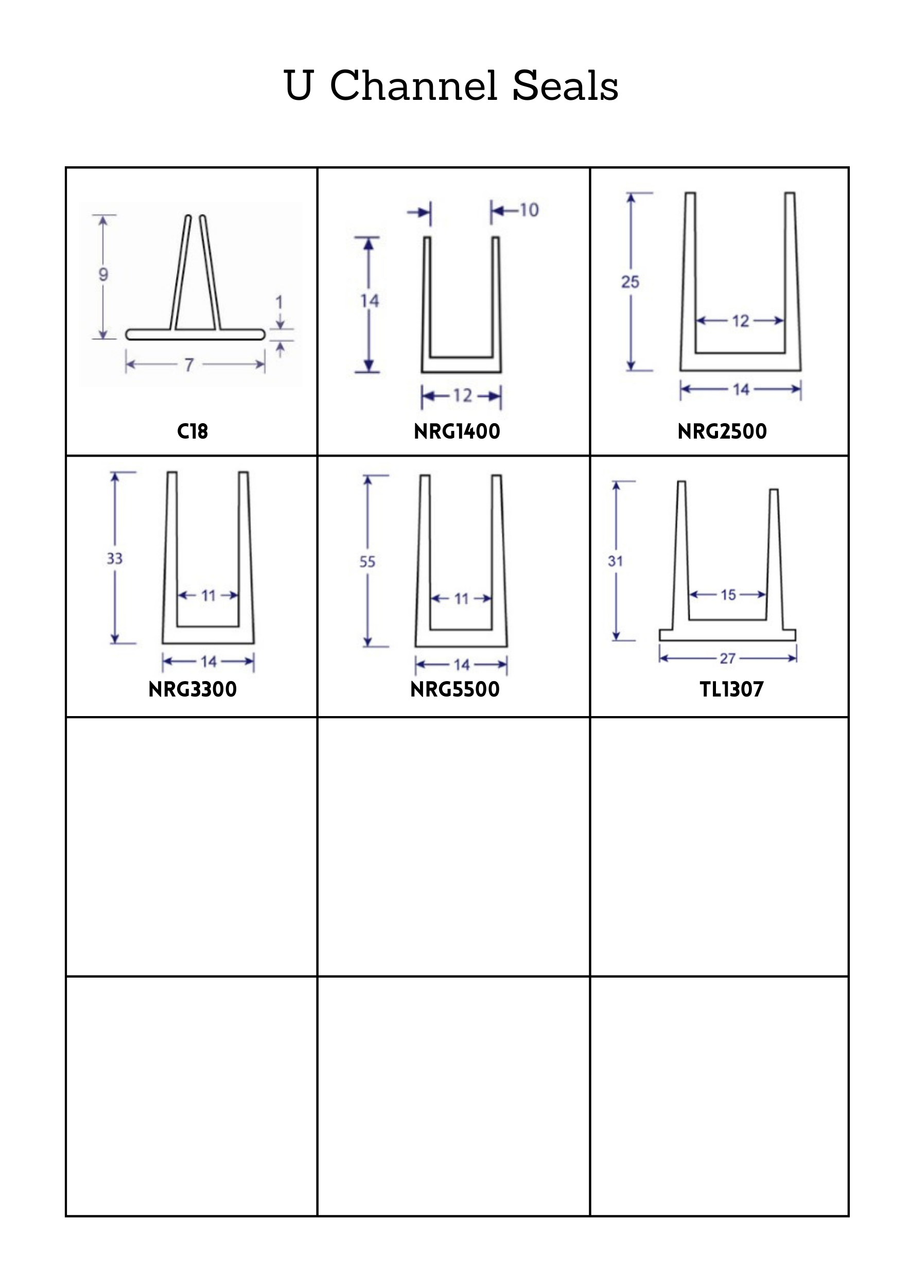 Profile Sheet with Diagrams and Item Codes for U Channel Screw In Seals, Pg 1