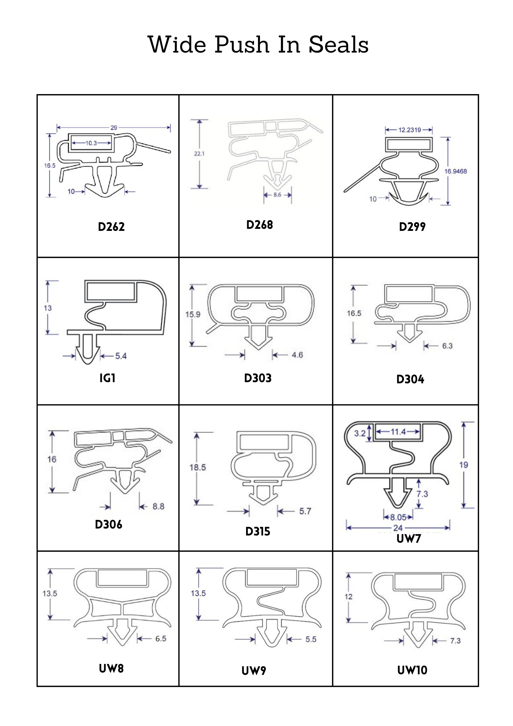 Profile Sheet with Diagrams and Item Codes for Wide Push In Seals, Pg 5