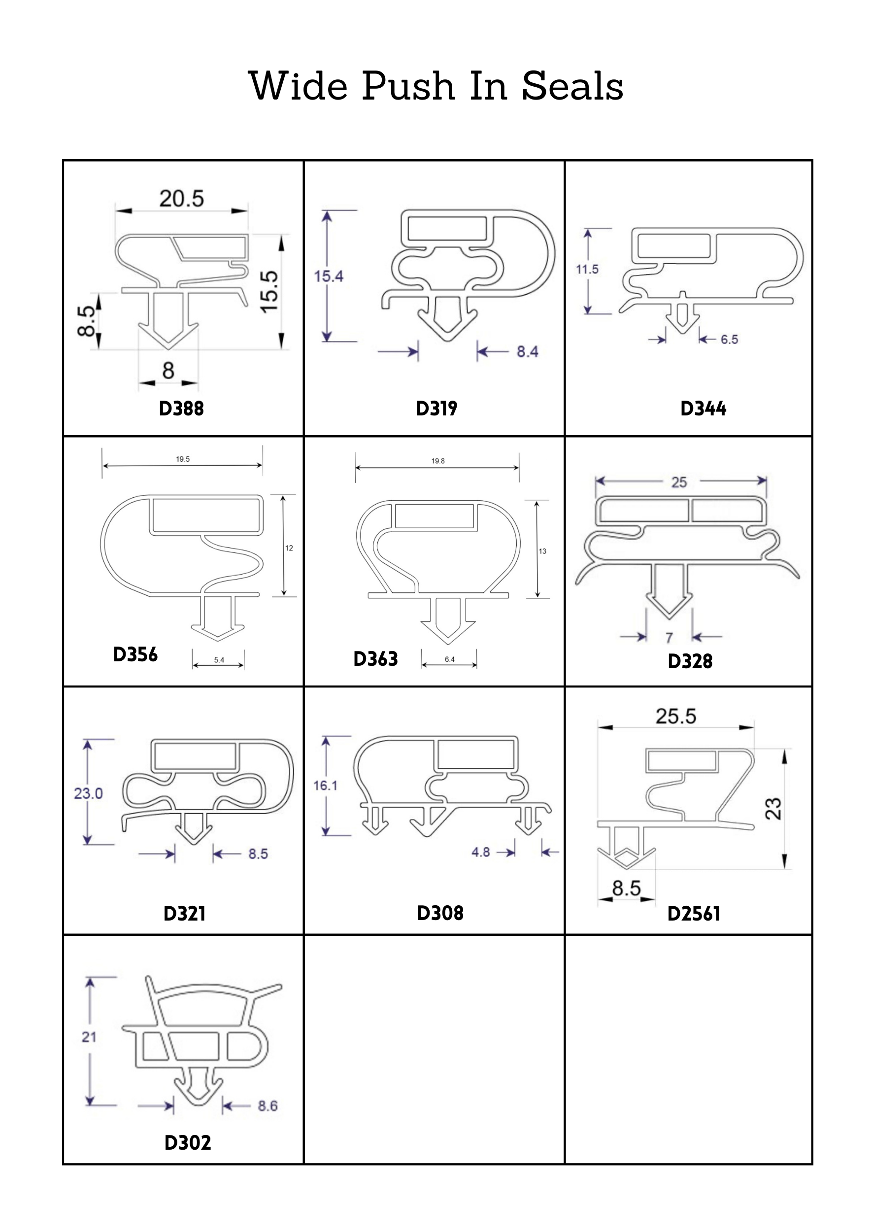 Profile Sheet with Diagrams and Item Codes for Wide Push In Seals, Pg 4