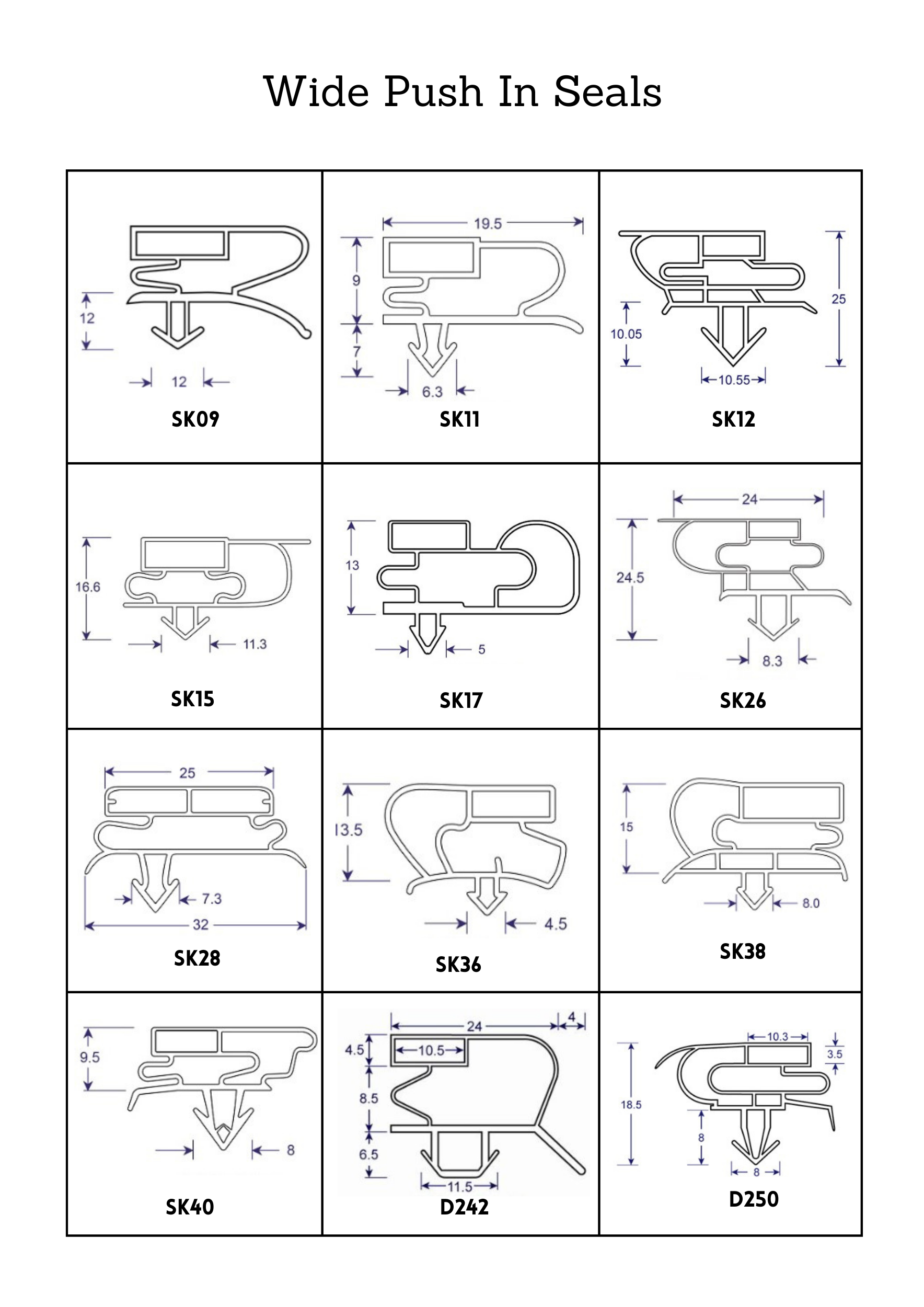 Profile Sheet with Diagrams and Item Codes for Wide Push In Seals, Pg 3