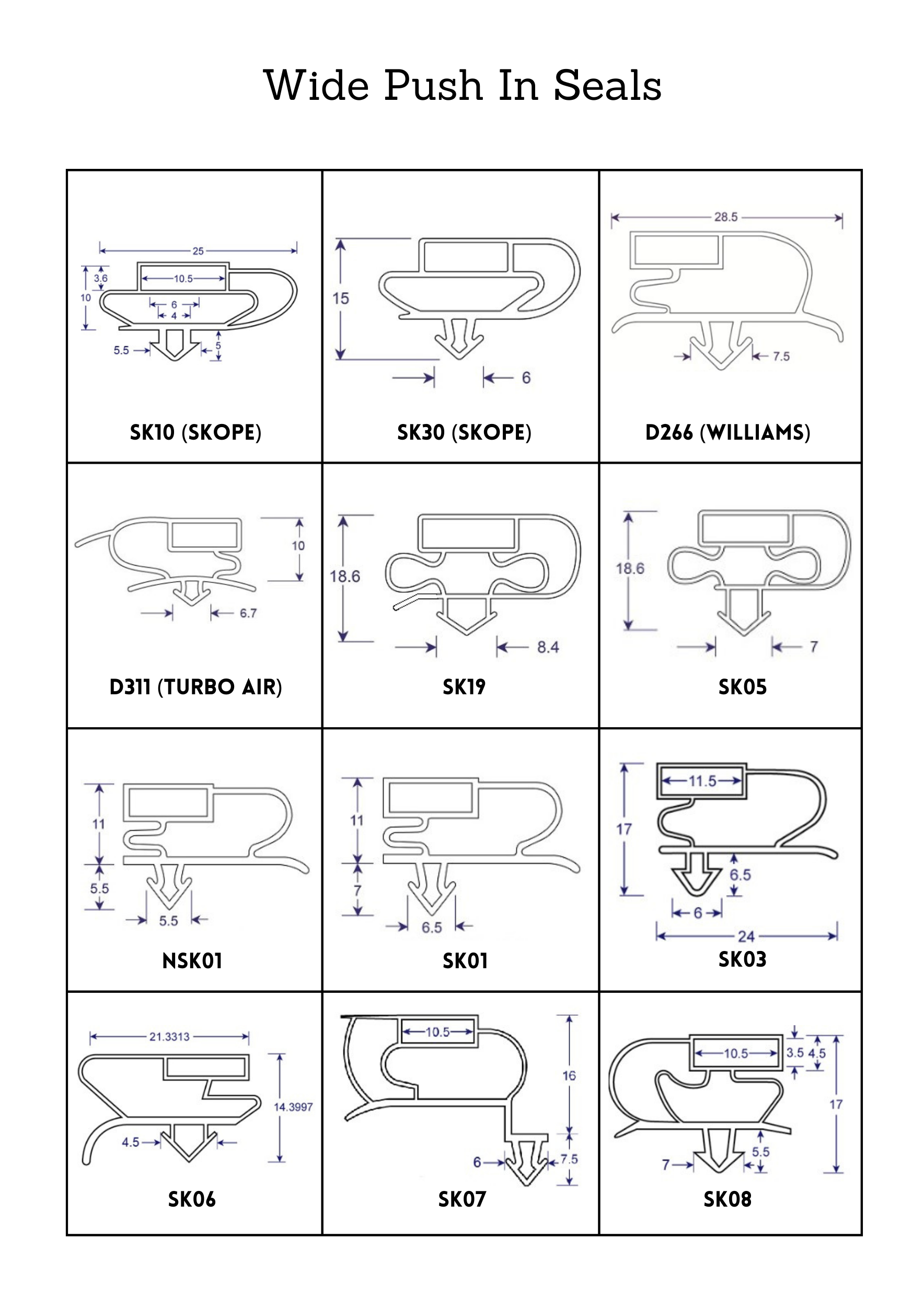 Profile Sheet with Diagrams and Item Codes for Wide Push In Seals, Pg 1 