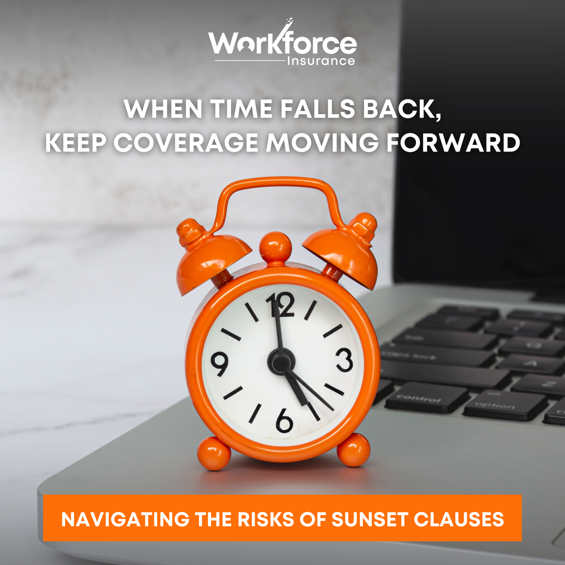 An orange clock on a laptop symbolizing daylight savings and claim timing risks of Sunset clauses.