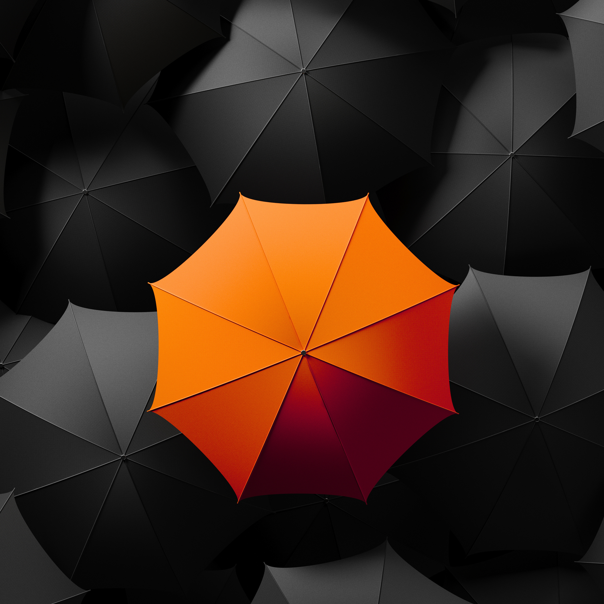 An orange umbrella amidst black ones symbolizes how TripExcess helps agents stand out in the crowd. 