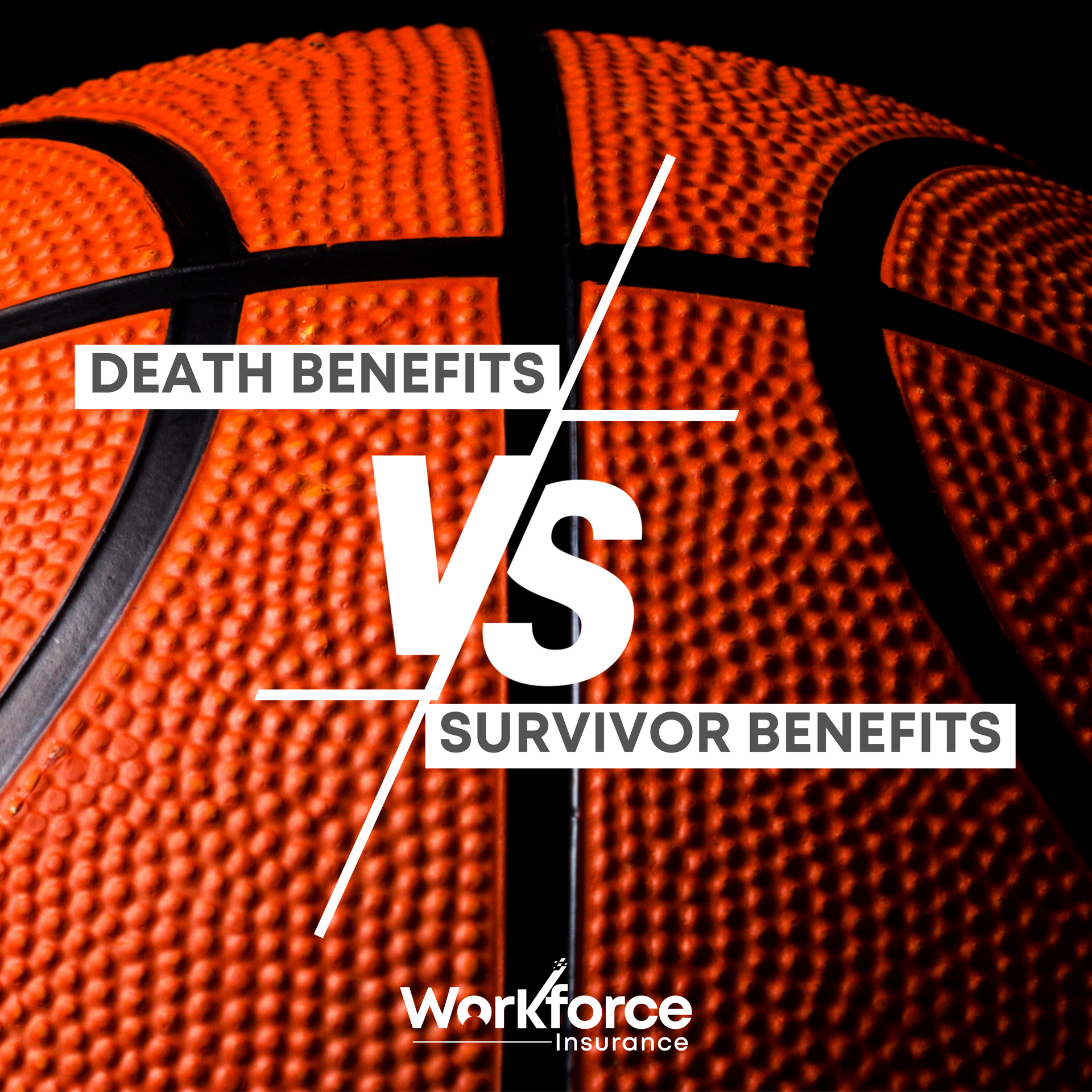 A close-up of a basketball with text overlay comparing Death benefits vs. Survivor benefits.