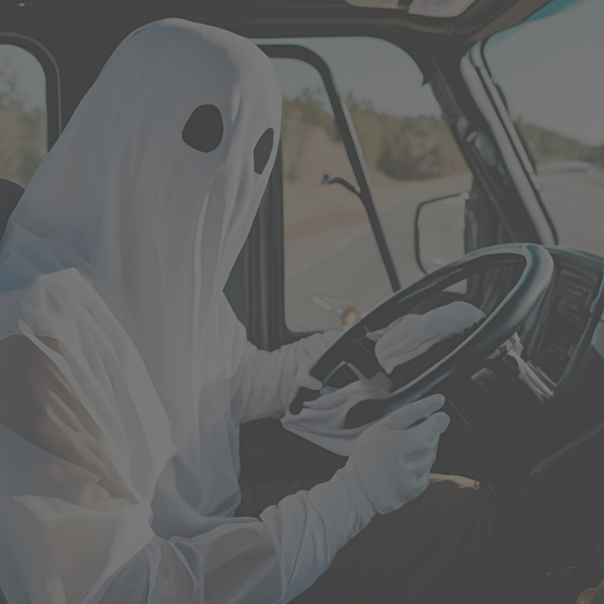 A truck driver in a ghost costume for Halloween, symbolizing Workers Compensation ghost policies.