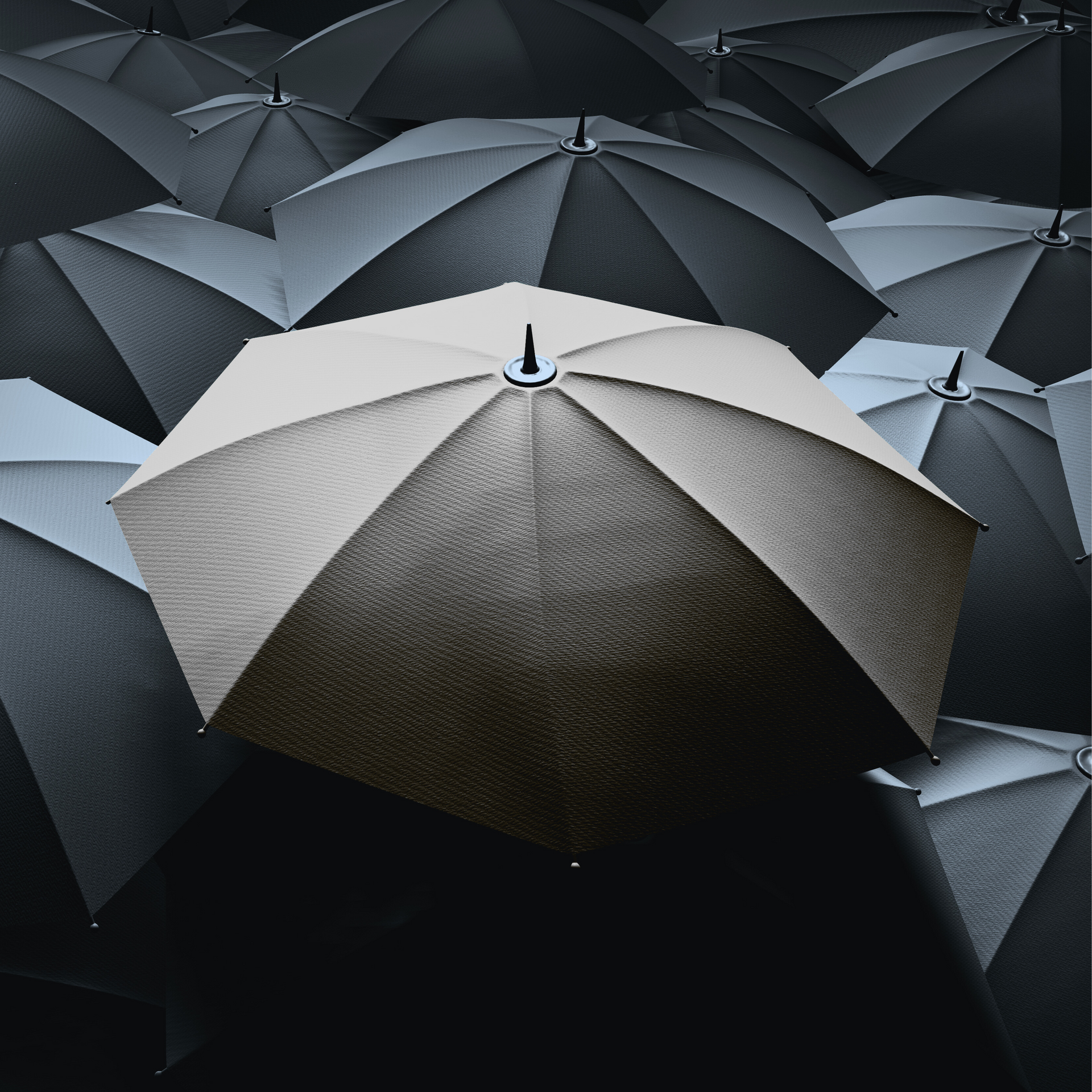 A white umbrella standing out among grey ones, symbolizing unique excess insurance with TripExcess®.