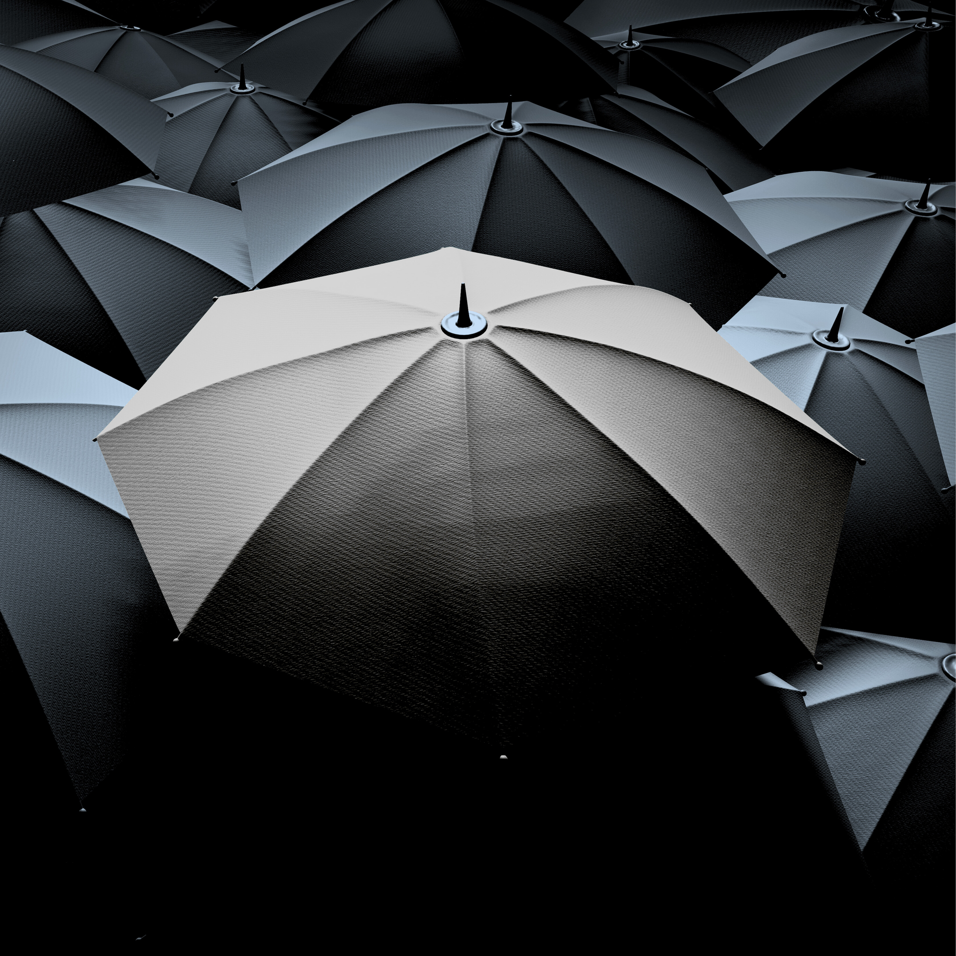 A white umbrella standing out among grey ones, symbolizing unique excess insurance with TripExcess®.