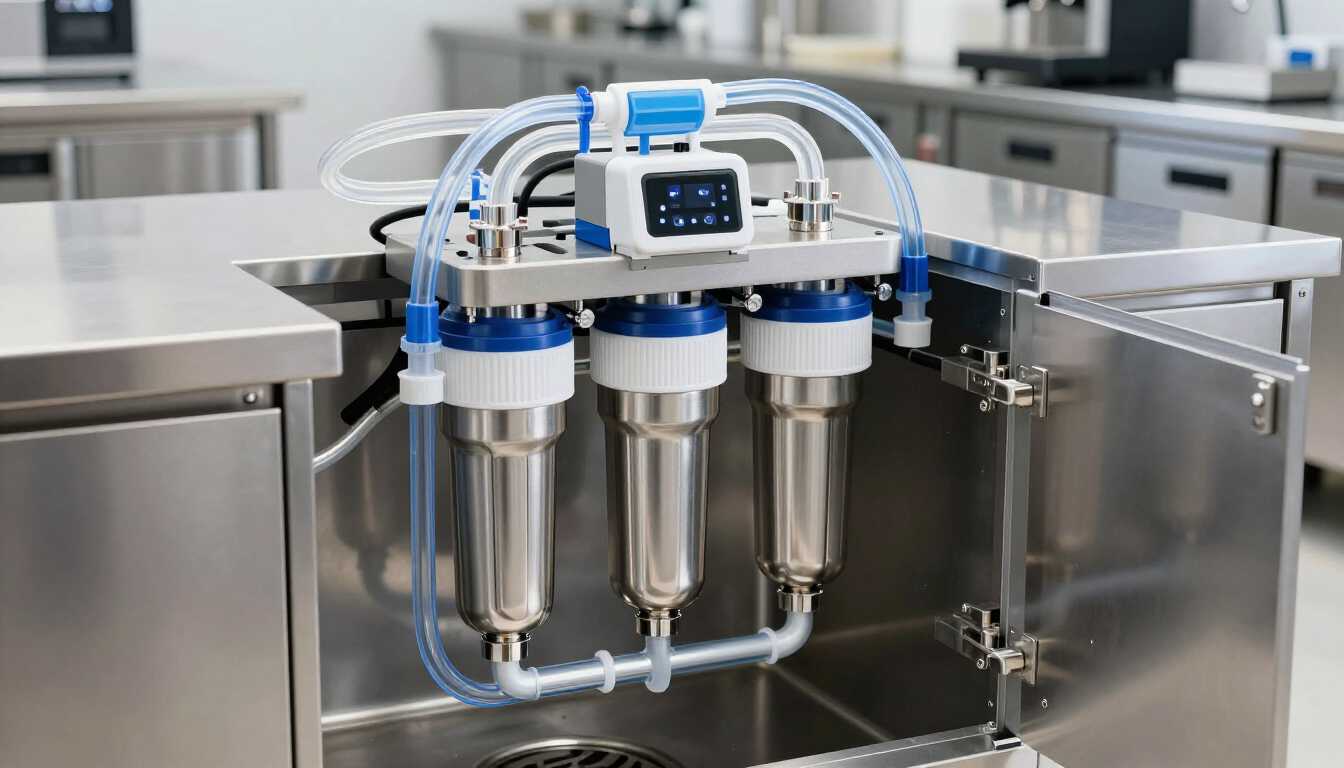 Under-sink water filtration system for espresso machine