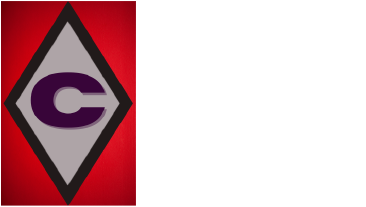 A purple letter "C" centered inside a gray diamond with a thick black outline, set against a solid red background.