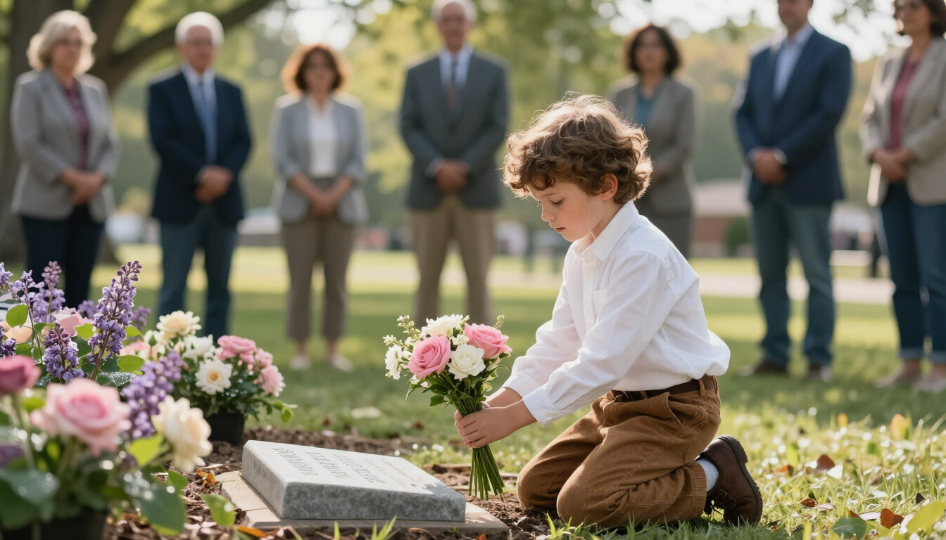 photorealistic child placing a flower at a peaceful memorial service respectful community gathering soft focus