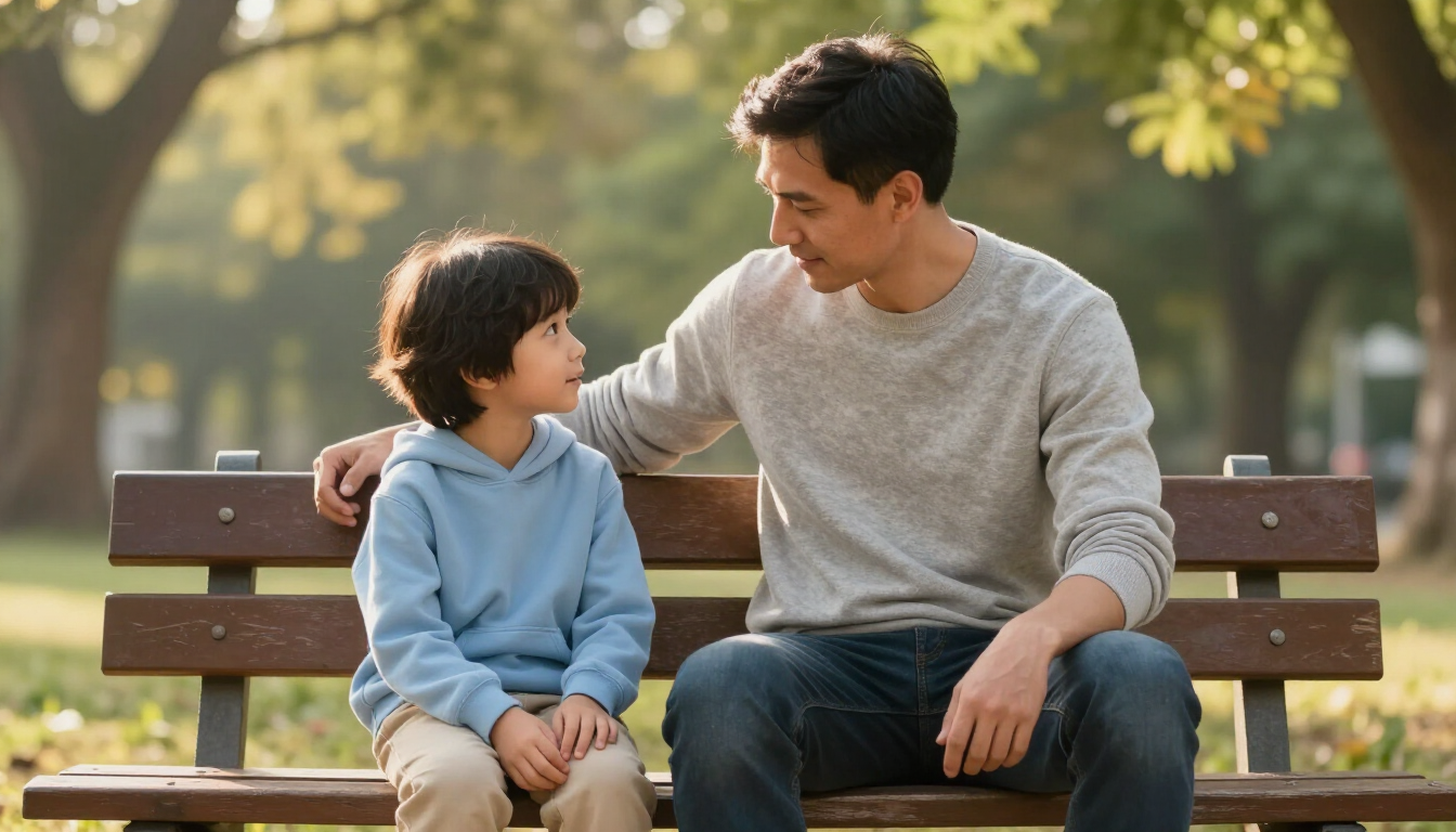 photorealistic gentle father and child talking on a bench outdoors soft warm lighting supportive atmosphere
