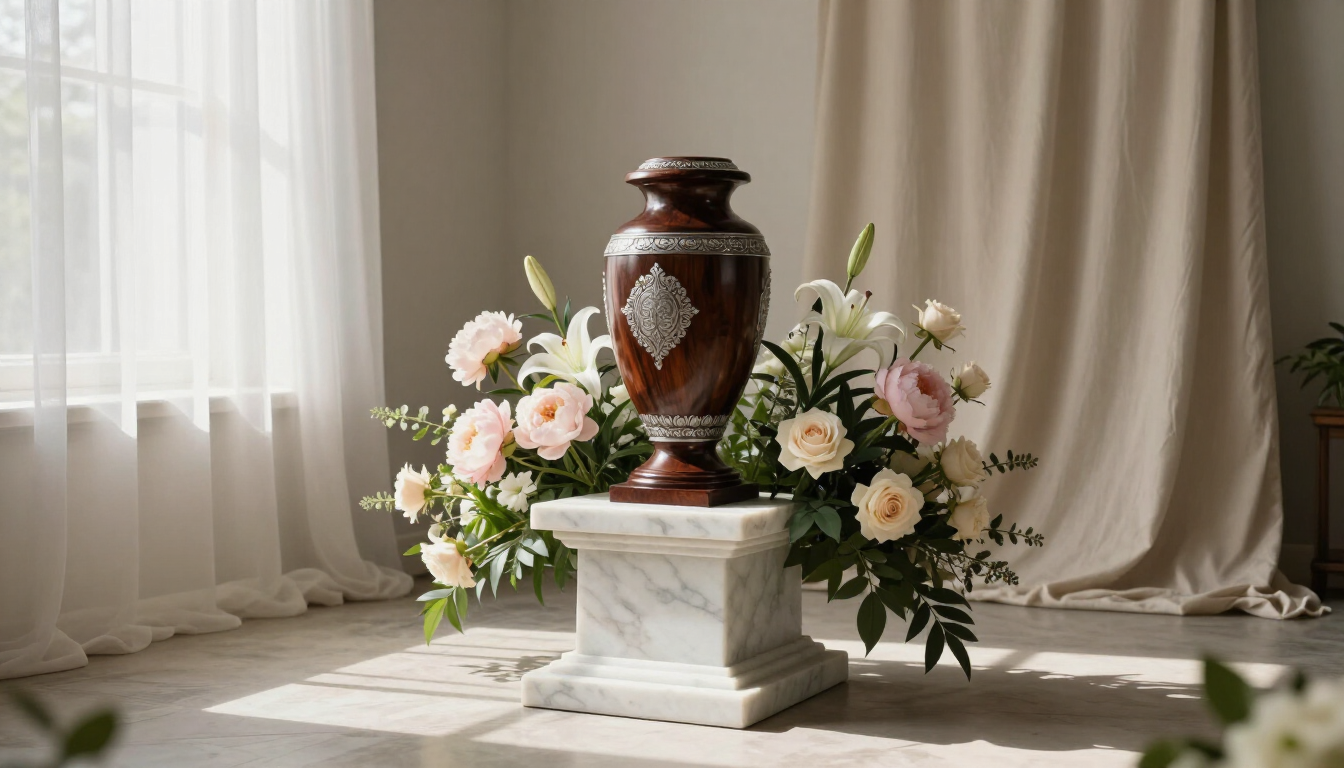A peaceful memorial urn with flowers in a respectful setting. Provo Utah Cremation