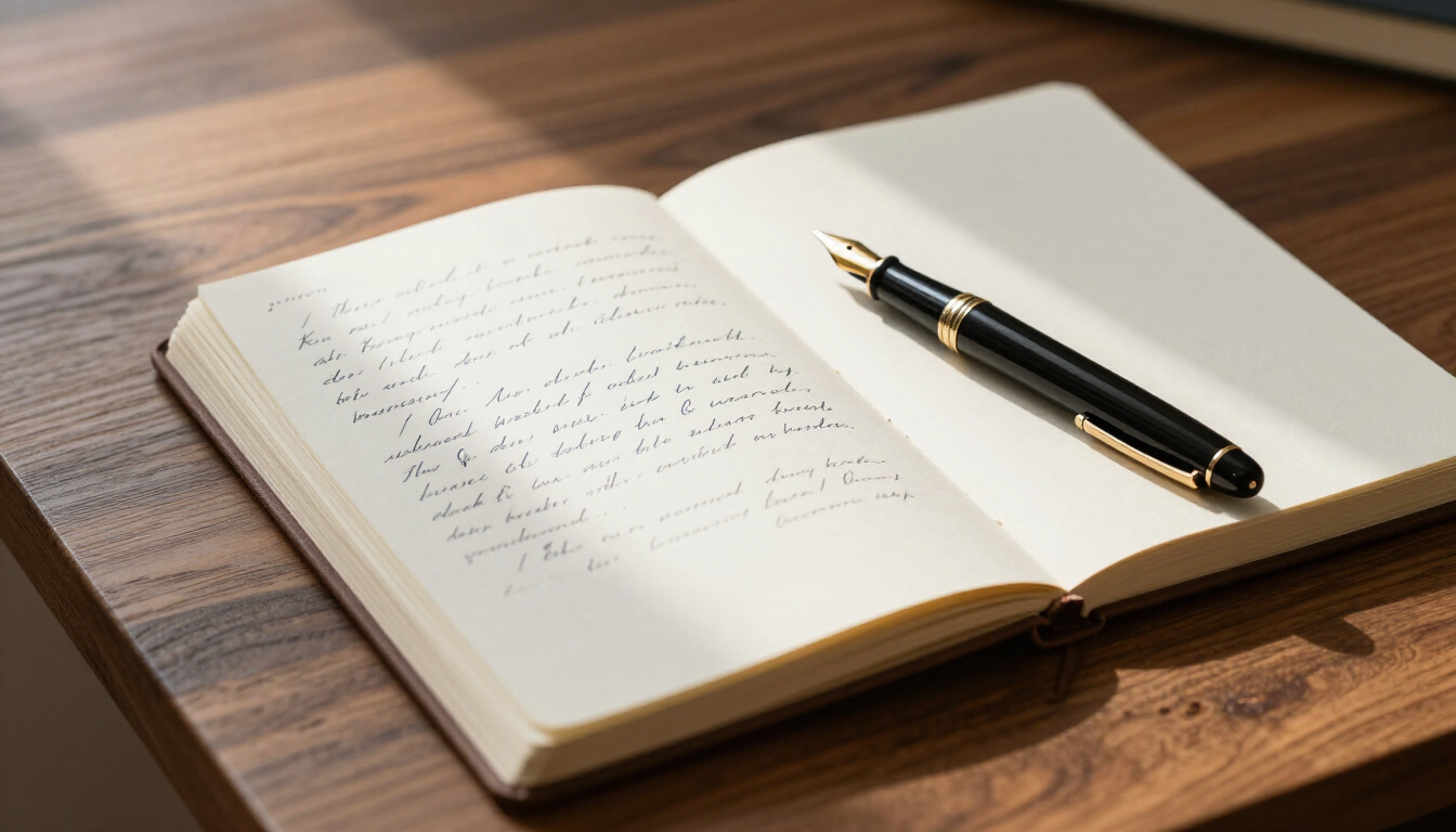 A peaceful writing station with a journal and pen.