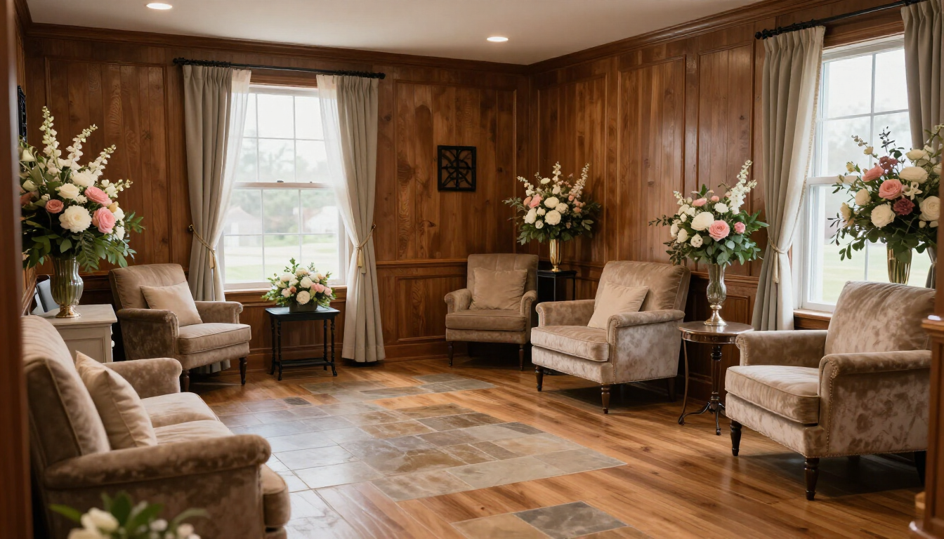 Cremation urn and floral tribute in Provo, Utah funeral home.