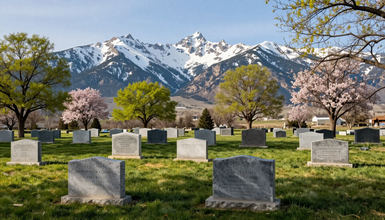 Beautiful granite headstones in a Utah cemetery with mountain backdrop