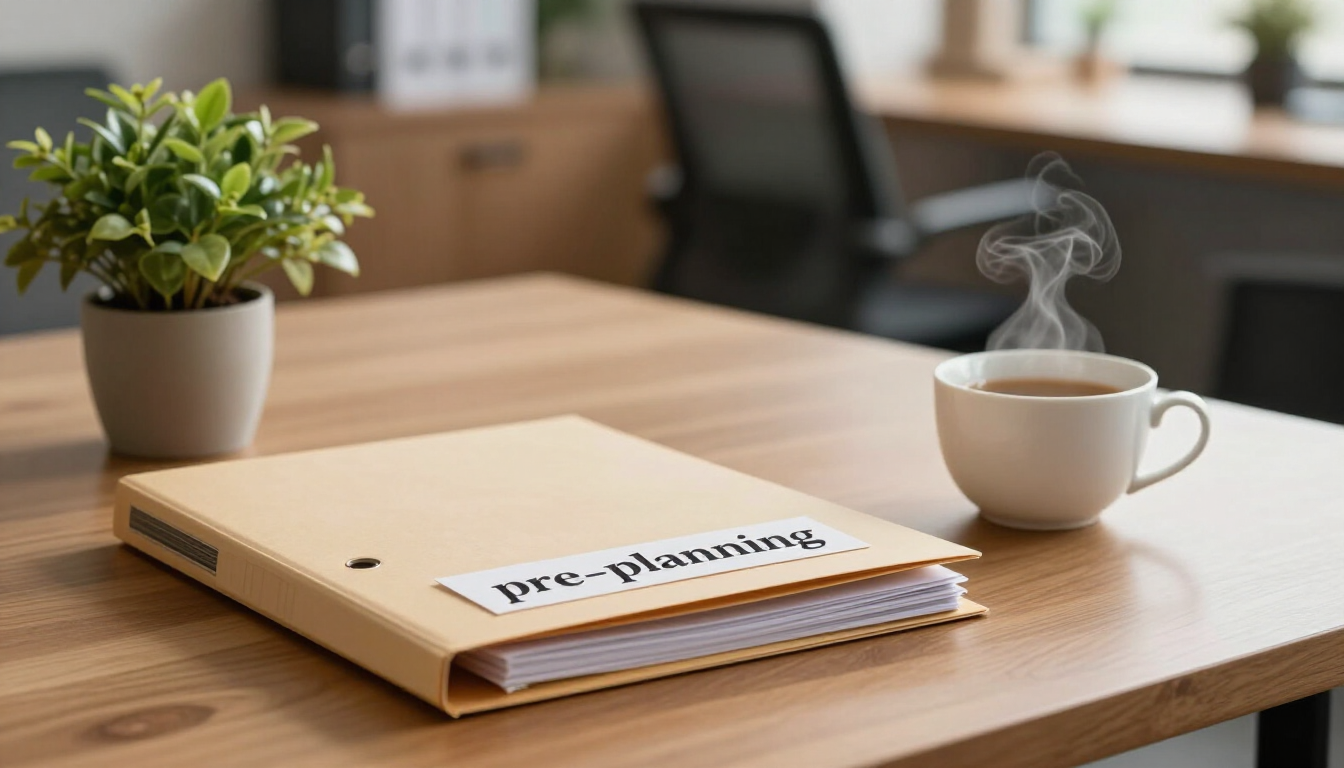 A professional folder for funeral pre-planning on a desk.