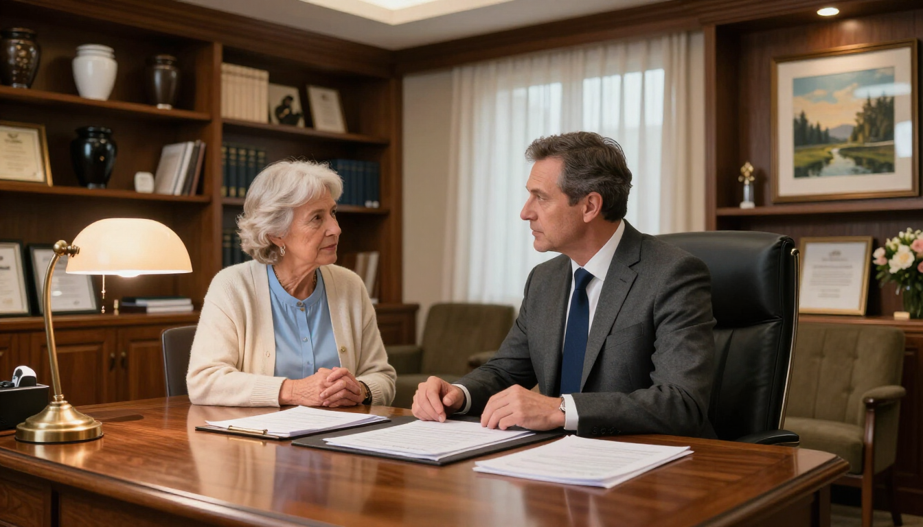 A professional meeting between a funeral director and a family in Utah County discussing Medicaid spend down options.