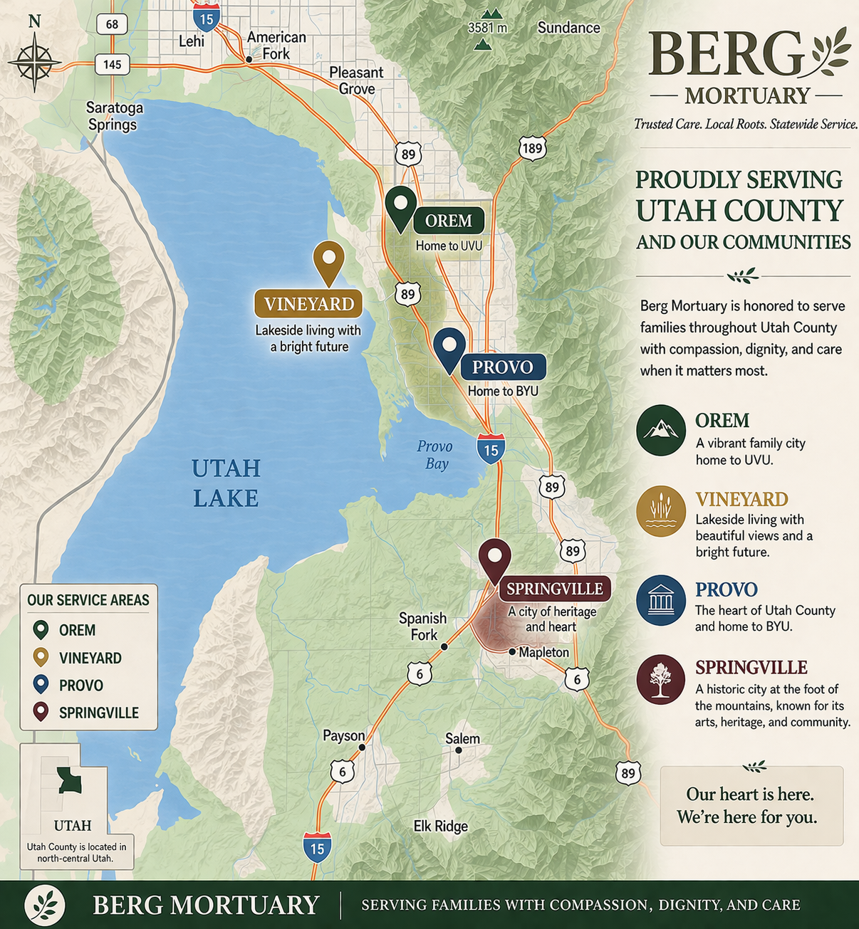 Utah County Service area for Berg Mortuary Provo, Orem, Springville, Vineyard
