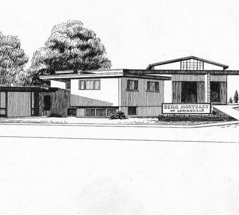 Black and white drawing of a modern building with a sign that reads