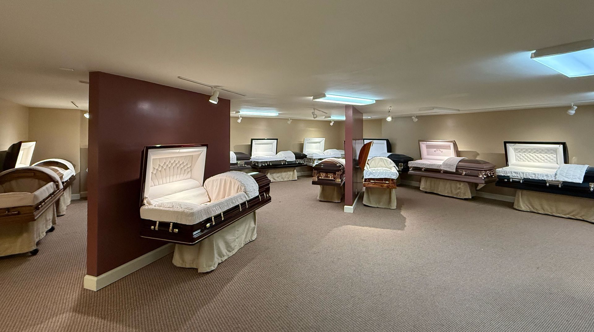 Serene interior of a modern mortuary reception area