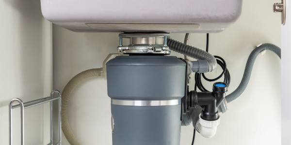 An under sink view of a garbage disposal unit