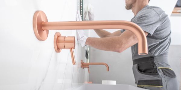 A man is installing a copper shower head on a wall.