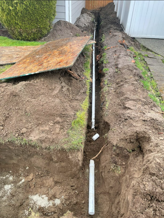 A pipe is being installed in the dirt in front of a house by royal flush plumbing in tacoma.