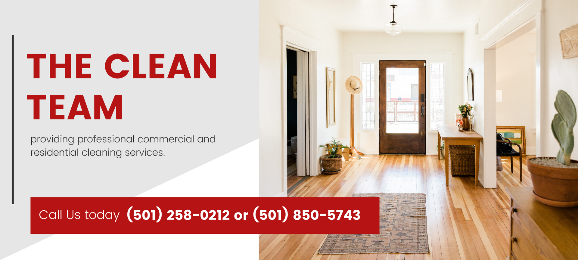 Clean Team cleaning service ad with bright hallway and red contact banner