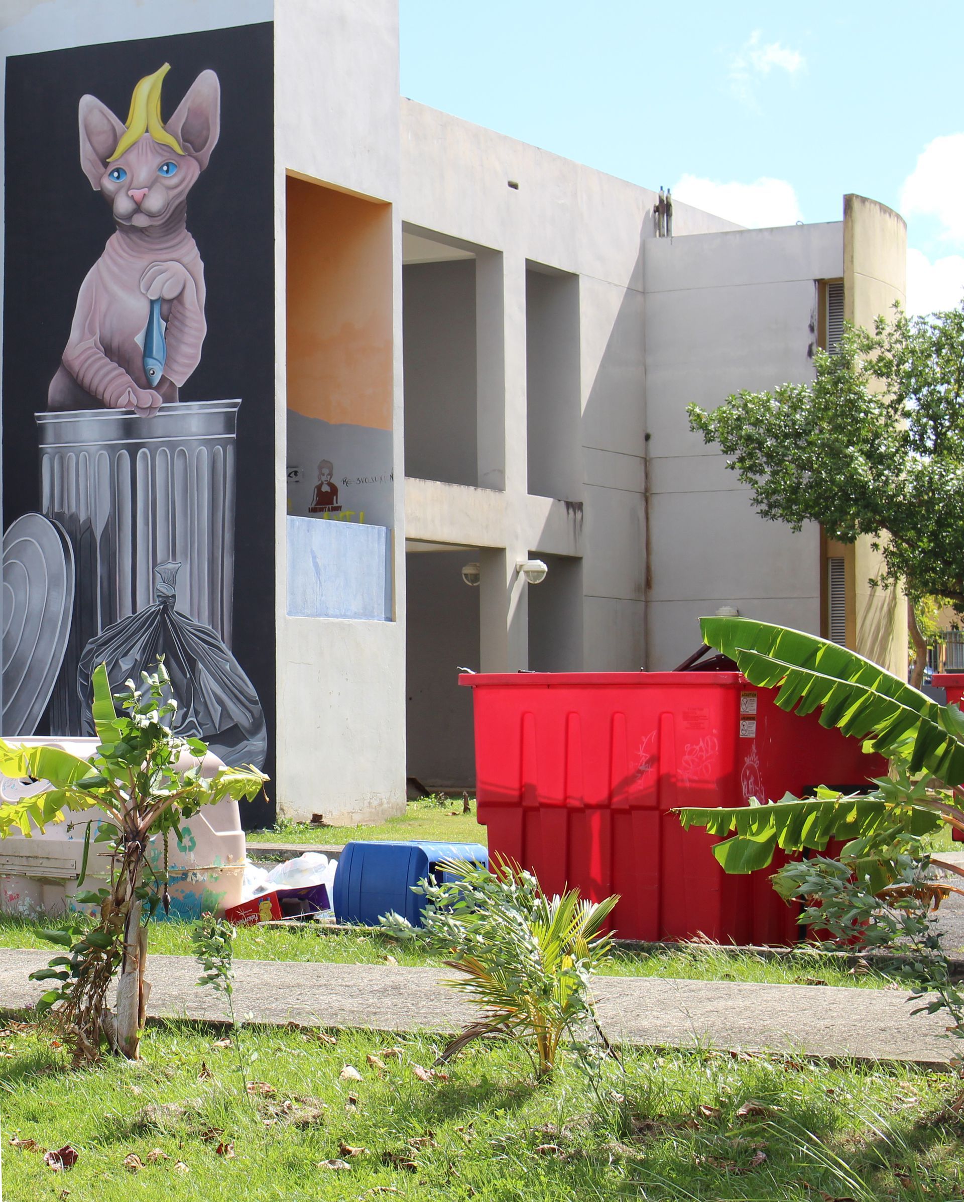 Mural of a cat inside a metal bin with a banana on its head. 
