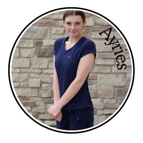 Portrait of a person in navy clothing standing before a stone wall, with the name “Ayries” beside them.