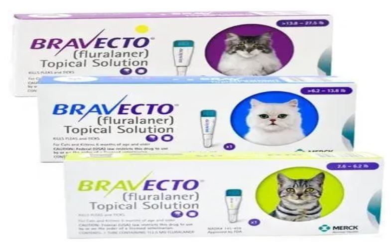 Boxes of Bravecto (fluralaner) topical solution for cats, with different cat breeds pictured.