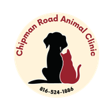 Logo for Chipman Road Animal Clinic, featuring a black dog and maroon cat silhouette, with clinic name and phone number.
