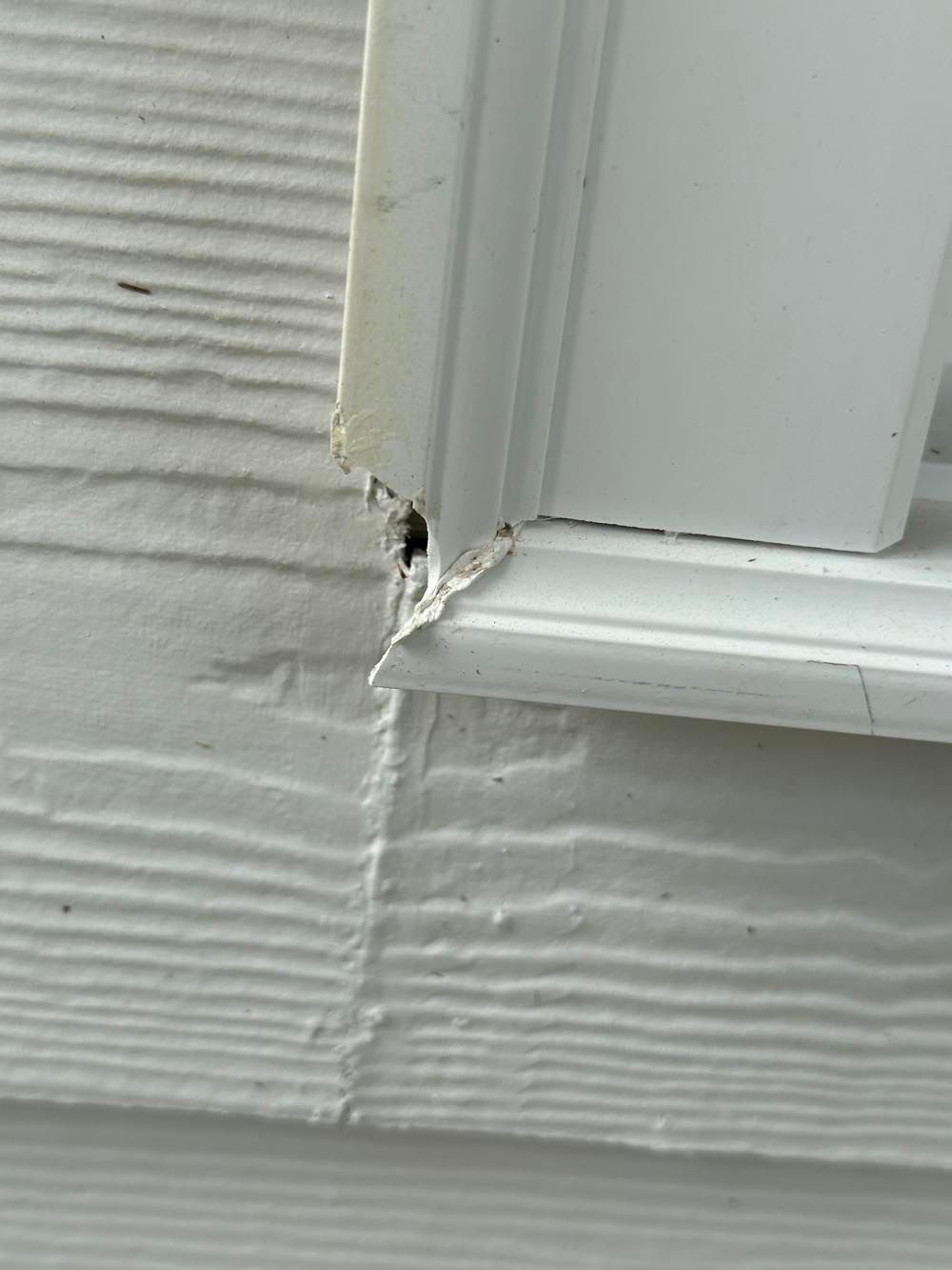 White siding and window trim with chipped paint.