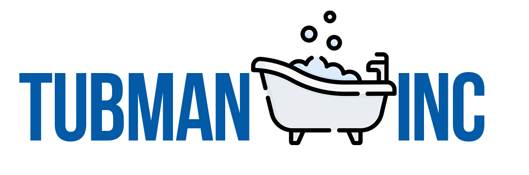 Logo for Tubman Inc, featuring a bathtub with suds and bubbles. Blue text.
