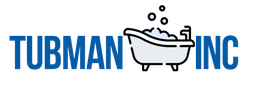 Logo for Tubman Inc, featuring a bathtub with suds and bubbles. Blue text.