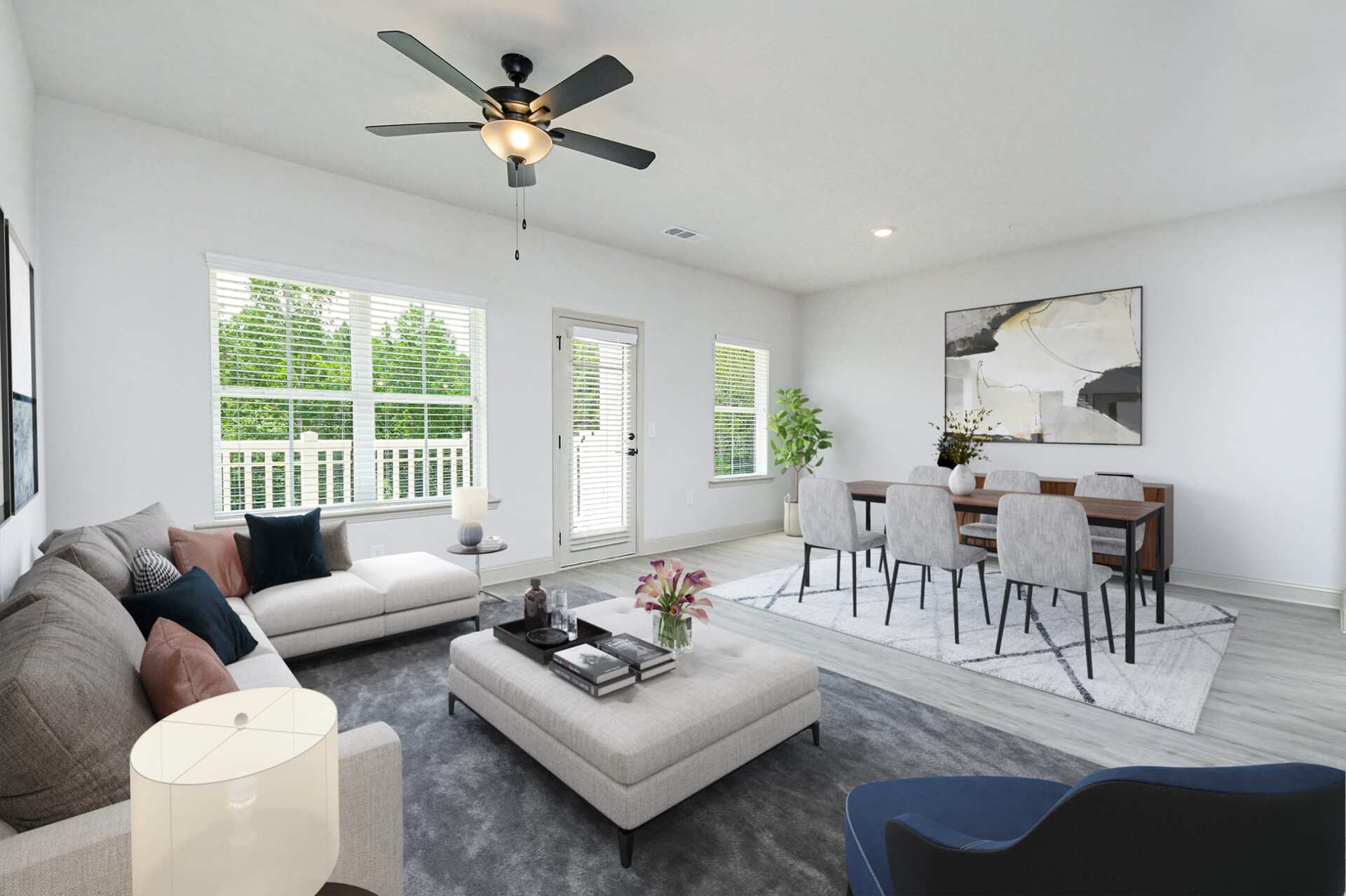 The Blakely open floor plan with living room and dining area.