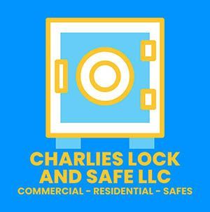 The logo for charlies lock and safe llc shows a safe.