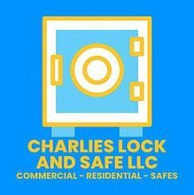 The logo for charlies lock and safe llc is a blue background with a safe icon.